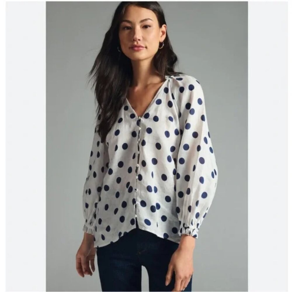 Maeve White Polka Dot V-Neck Blouse with Navy Dots